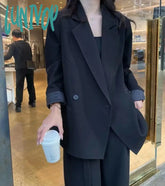 Lunivop Women’s 2 Piece Suit Casual Loose Premium Sense Jacket Solid Color Straight Trouser